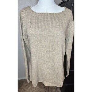 Bianca B Made In Italy‎ Wool Blend Tan Knit Sweater Crochet Hi-Low Hem Women's L